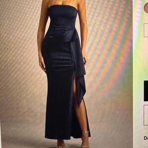 Loz Navy Satin Bandeau Draped Maxi Dress